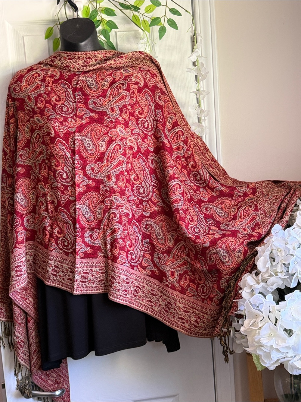 Red Paisley Fringe Shawl Pashmina Wrap Scarf